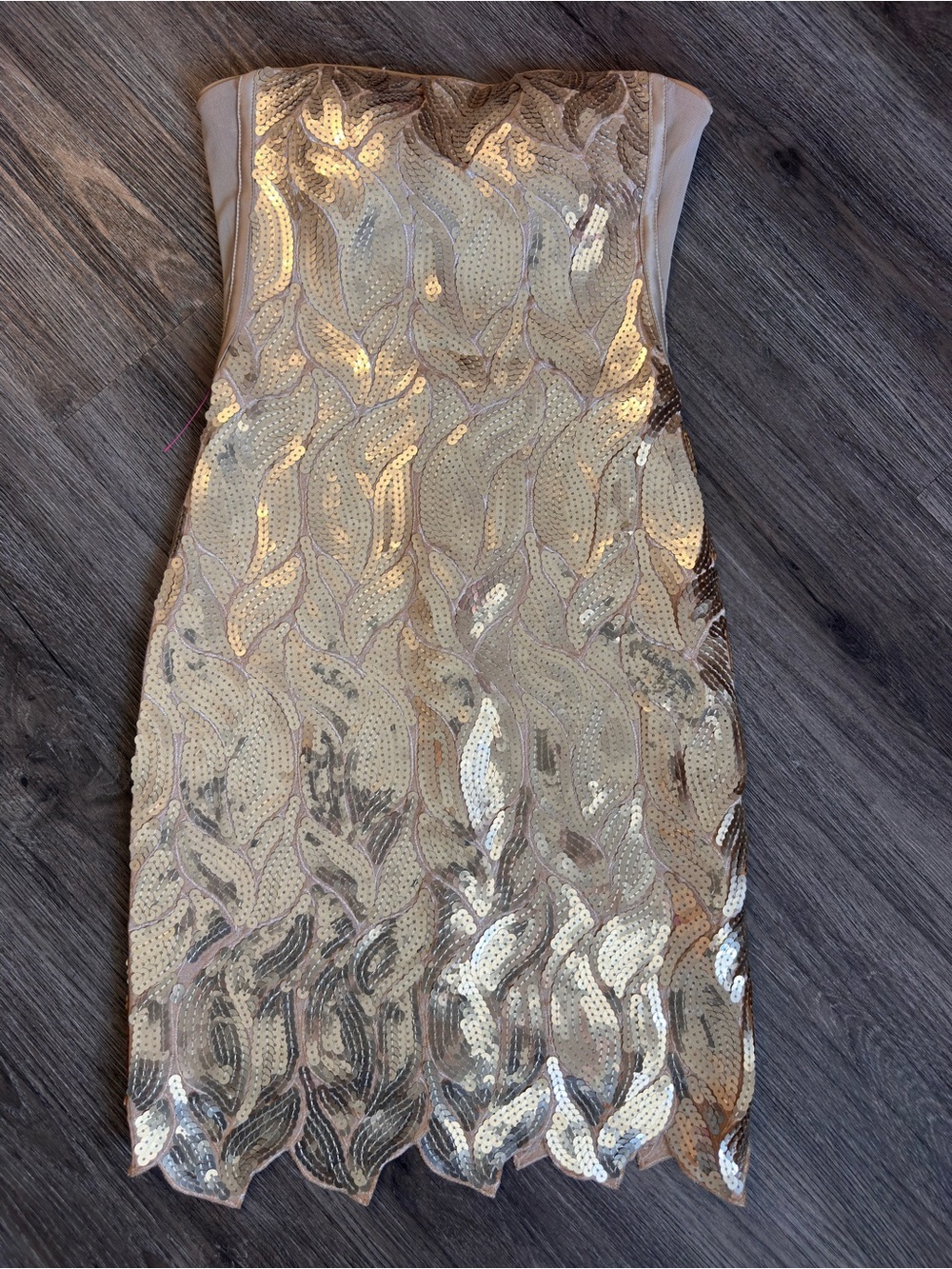 bebe Strapless Gold Sequin Cocktail Dress